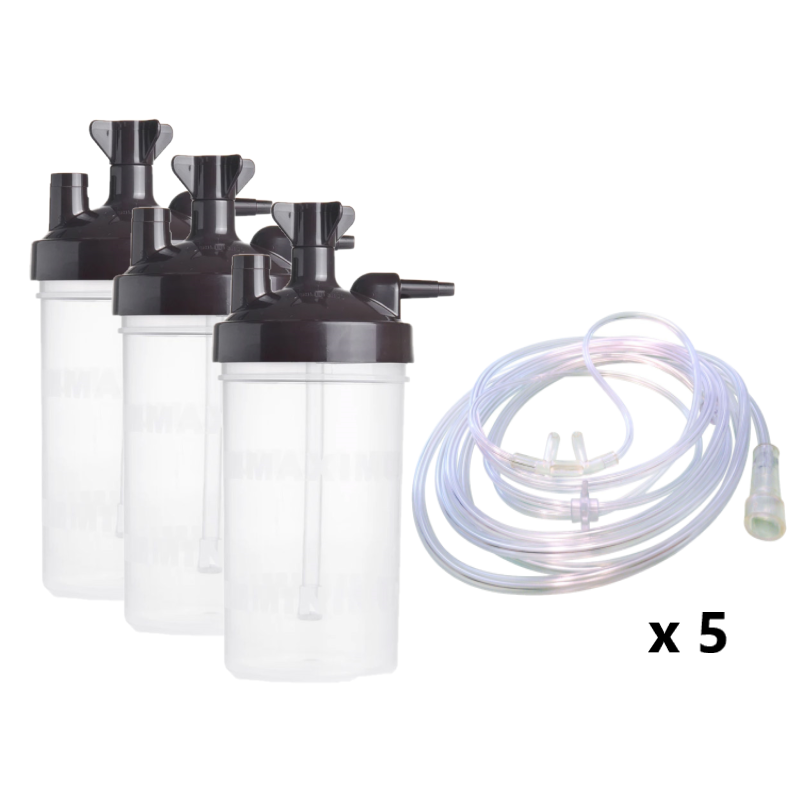 Paquete de 5 Cánulas Nasales y 3 Vasos borboteador para Concentrador de Oxígeno - Mercado CPAP México. Distribuidor Oficial ResMed.